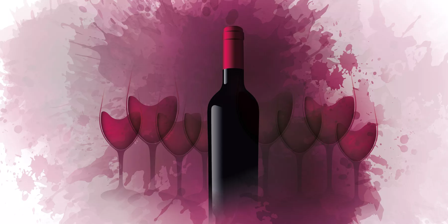 Grafik von Rotweinflasche dahinter einige Rotweingläser mit Rotweinfleck
