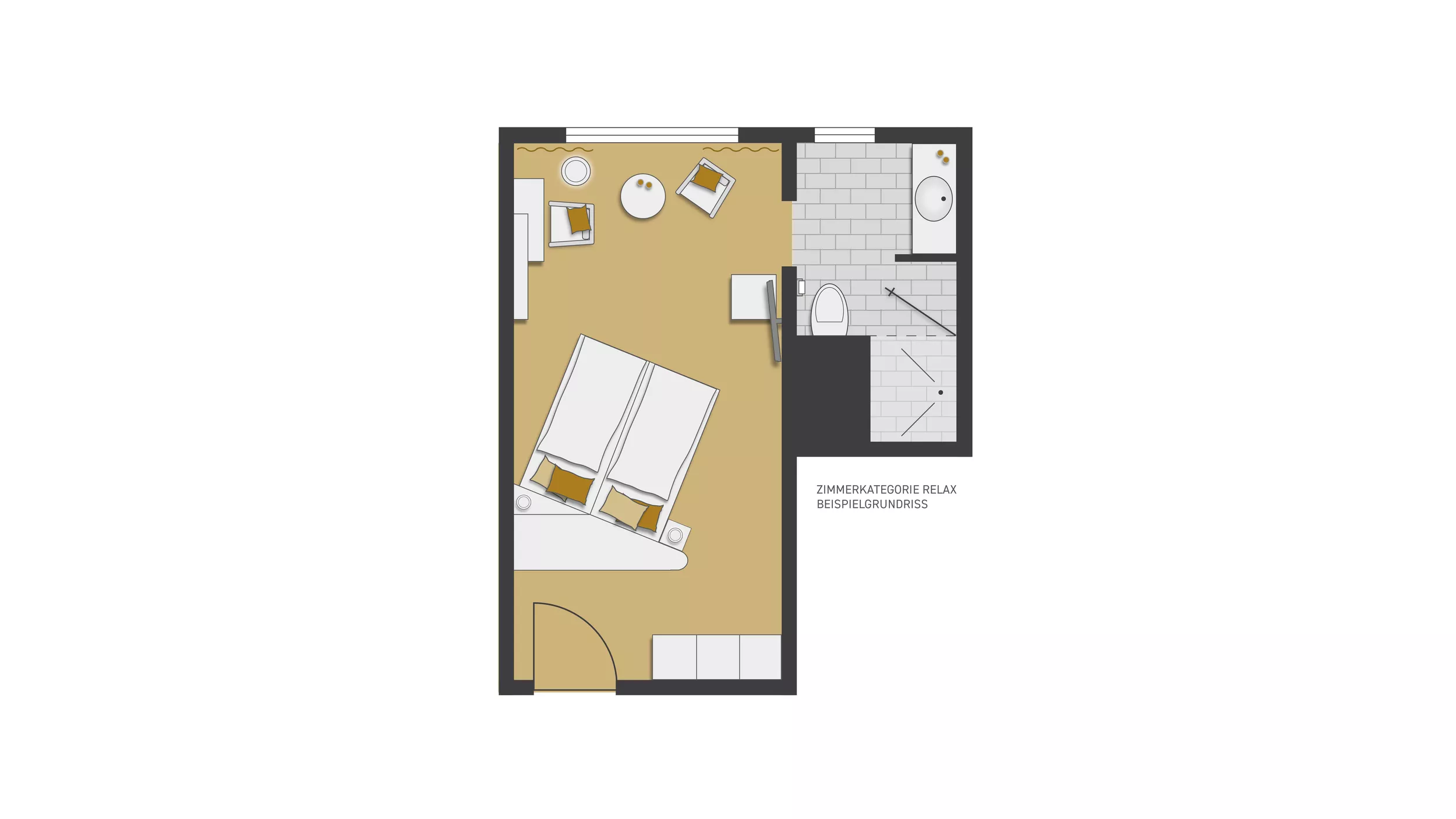 Grundriss für gemütliches Hotelzimmer mit Doppelbett und angrenzendem Badezimmer